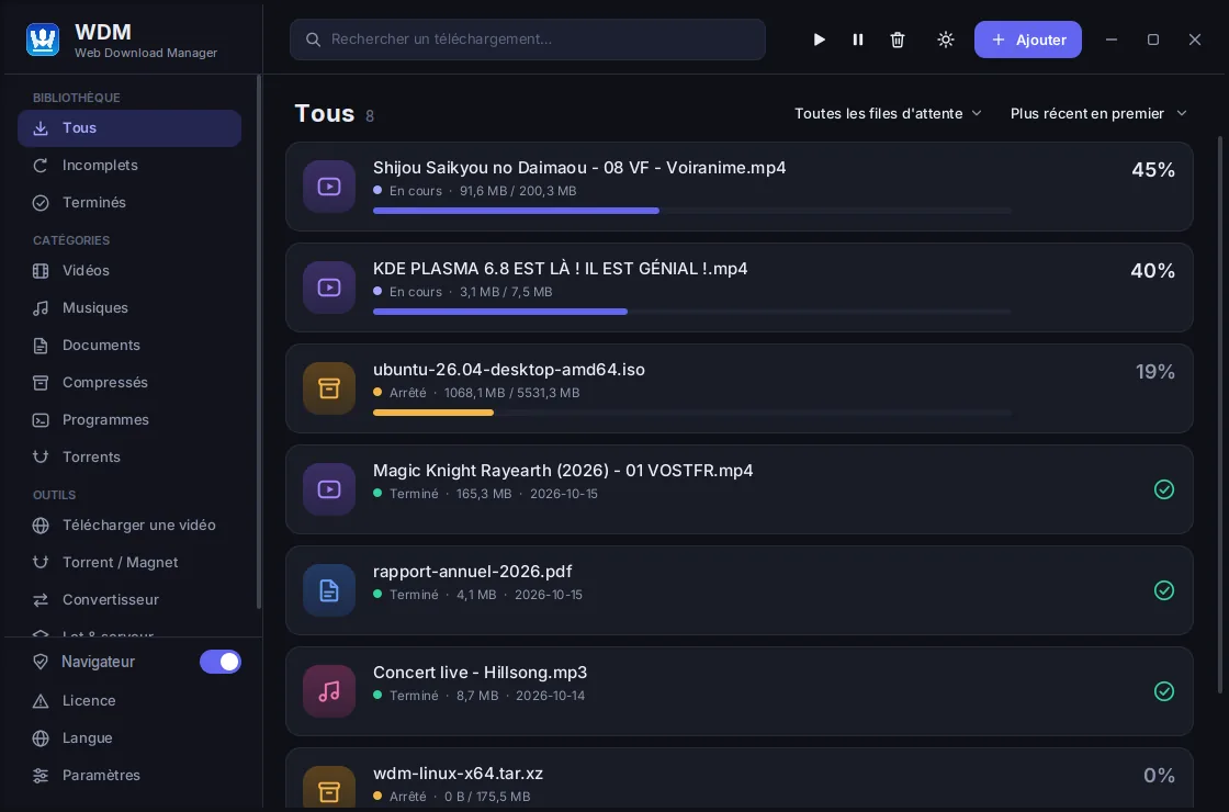Interface de WDM, thème sombre